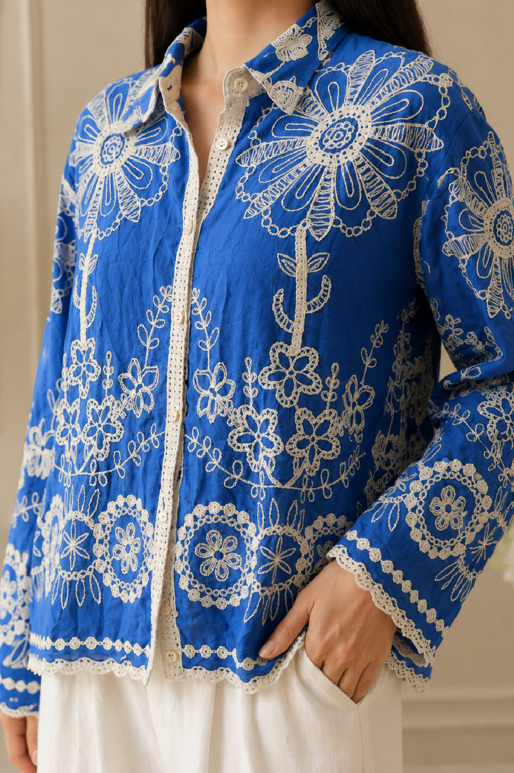 AA 102 Embroidered Denim-Feel Shirt Top